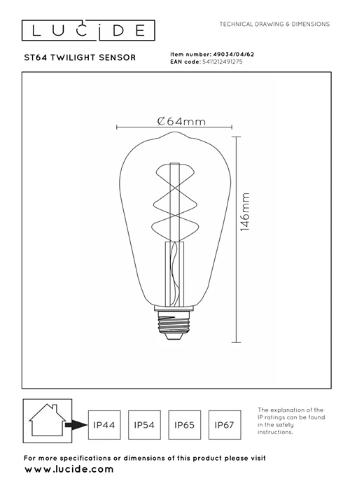 Lucide ST64 TWILIGHT SENSOR - Filament bulb - Ø 6,4 cm - LED - E27 - 1x4W 2200K - Day/Night Sensor - Amber - technical